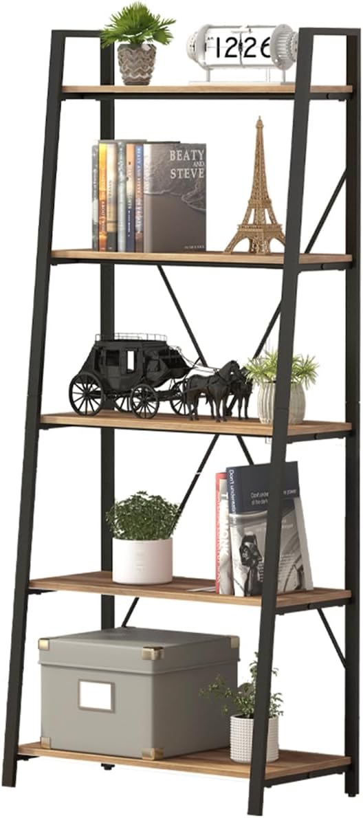 BON AUGURE Industrial 5 Tier Ladder Bookshelf, Wood and Metal Ladder Shelf - Image 9