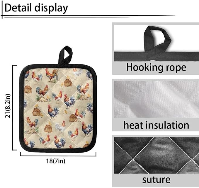 Rooster Pot Holders for Kitchen Heat Resistant Cotton, Hen Farmhouse 8.2x7 Inch - Image 3