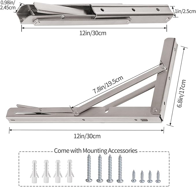 YUMORE Folding Shelf Brackets 12", Max Load: 330lb Heavy Duty Stainless Steel - Image 5