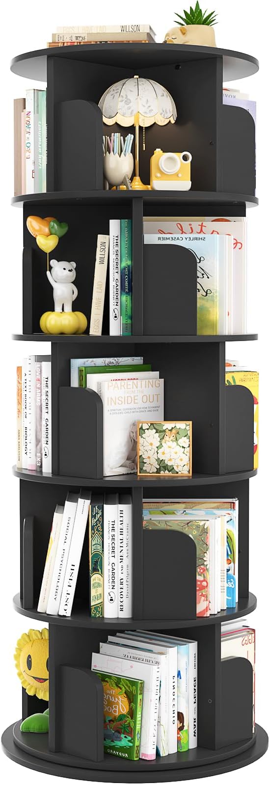 Aheaplus 5 Tier Rotating Bookshelf, Wood Spinning Bookshelf Tower, Round - Image 8