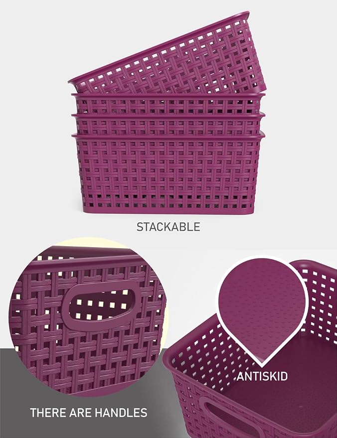 WYT 6-Pack Plastic Small Shelf Storage Weave Baskets Organizing - Image 3