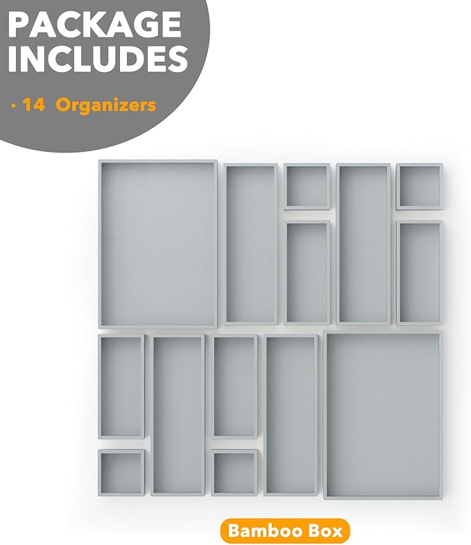 SpaceAid 14-Piece Bamboo Drawer Organizer Storage Boxes Set, Wood Tray Junk - Image 6