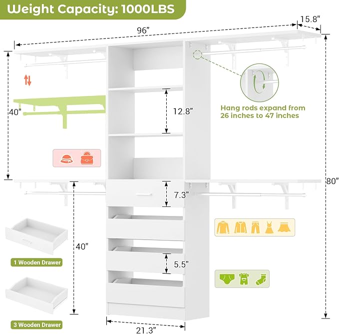 Aheaplus Closet System with 4 Drawers, 8FT Wood Closet Organizer System - Image 7