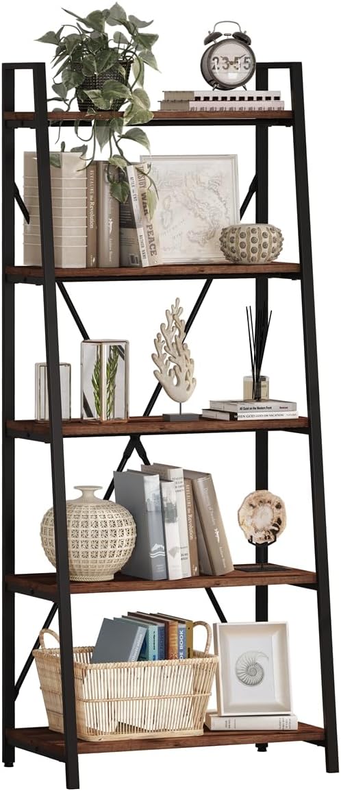 BON AUGURE Ladder Shelf Bookcase, 5-Tier Industrial Ladder Bookshelf, Tall - Image 9