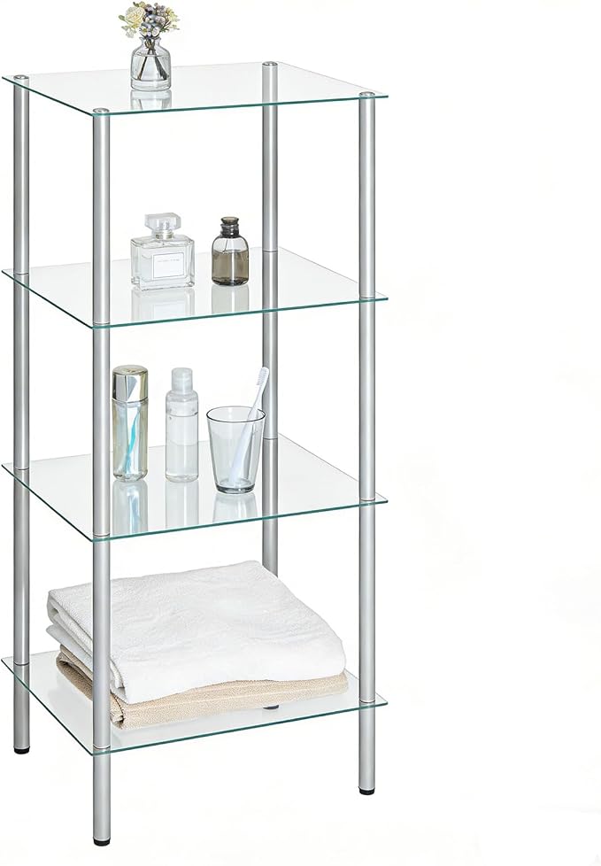 HOOBRO Glass Shelf, 4 Tier Bathroom Standing Shelf Unit, Tempered Glass - Image 8