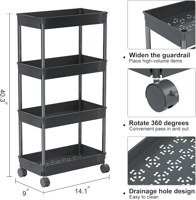 Sooyee 4 Tier Wide Storage Cart Mobile Shelving Unit Organizer Slide Out - Image 7