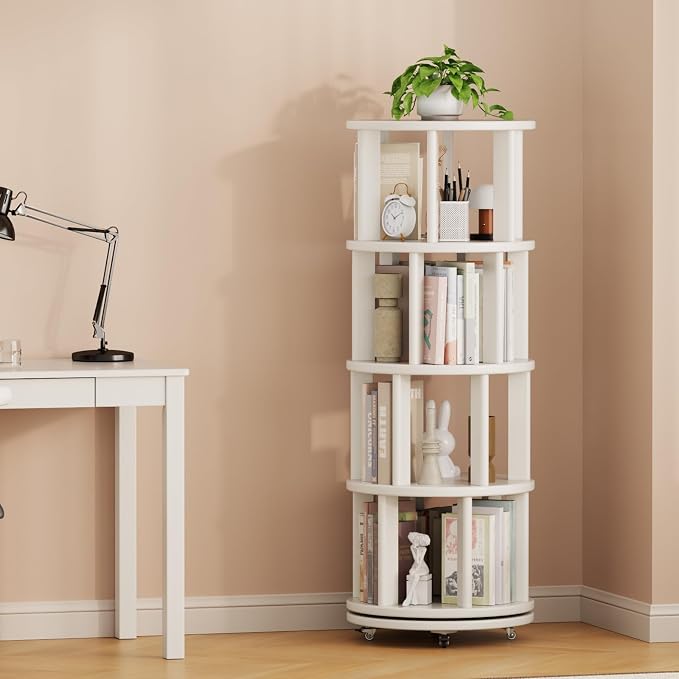 Solid Wood Rotating Bookshelf on Wheels, 4 Tier, Round Revolving Bookcase - Image 9
