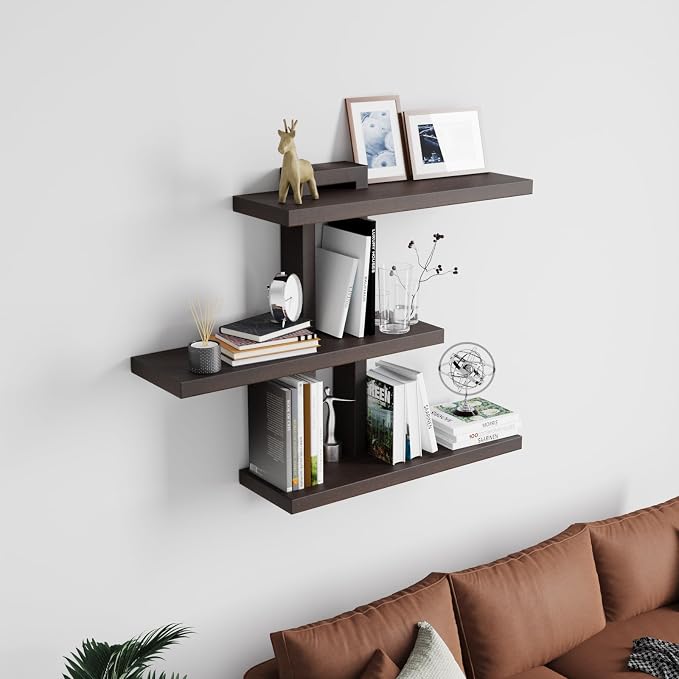 yaqew Wood Floating Shelves Set of 3, Dark Walnut, 28.35" x 23" x 5.9" | - Image 8