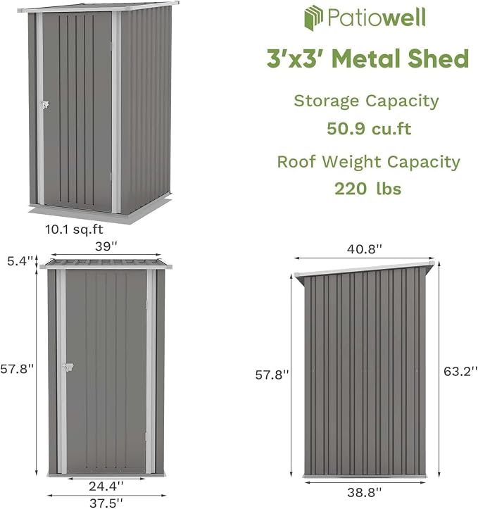 Patiowell 3x3 FT Metal Storage Shed, Outdoor Small Sheds - Image 5