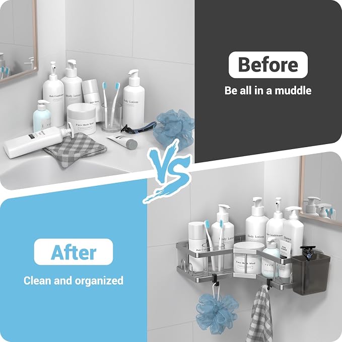 Corner Shower Caddy Bathroom Organizer: AKTECKE 2 Pack Adhesive Shelf Decor- No - Image 6