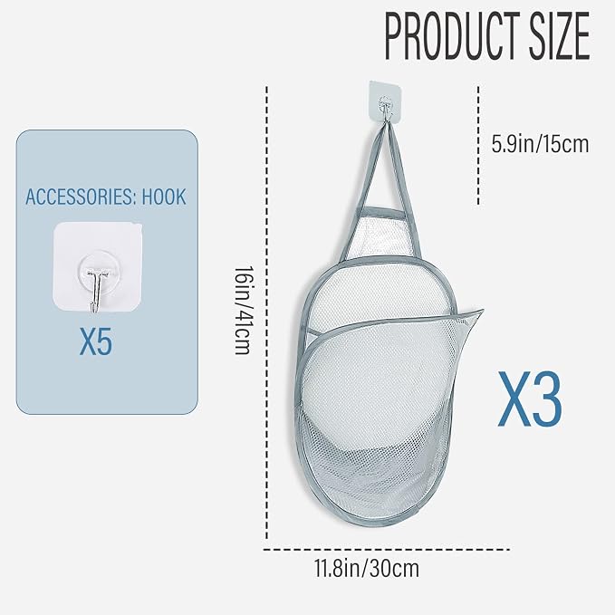 3 Pieces Hanging Laundry Hamper Foldable Mesh Hamper Dirty Cloth Basket - Image 7