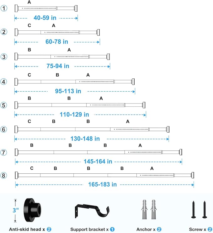 Tension Curtain Rod Black Tension Rod 40 to 183 Inch Spring Curtain Rods Non - Image 7