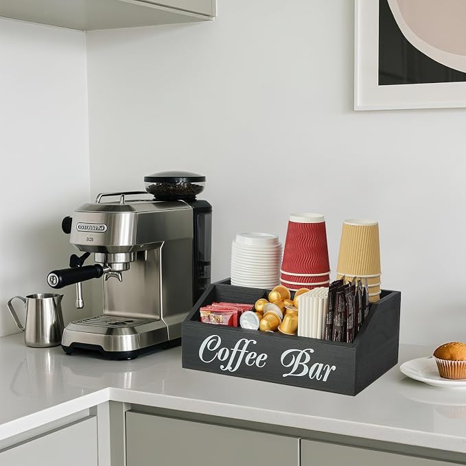 Coffee Bar Accessories Organizer 5 Compartment Wood Countertop Storage | - Image 7