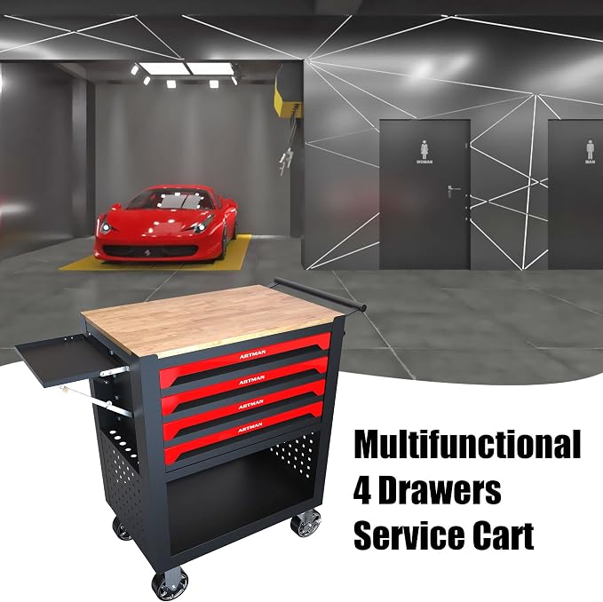 36" Tool Box with Wheels 4 Drawers Rolling Tool Cart, Wooden Top Workbench - Image 9