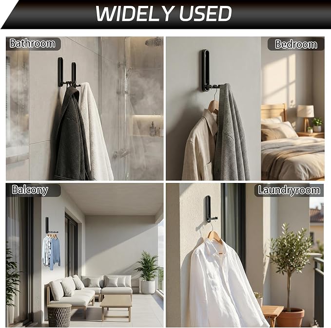 4.33 in Extended Folding Coat Hooks, 2 Pack Black Wall Hooks, Zinc Alloy | 90° - Image 7