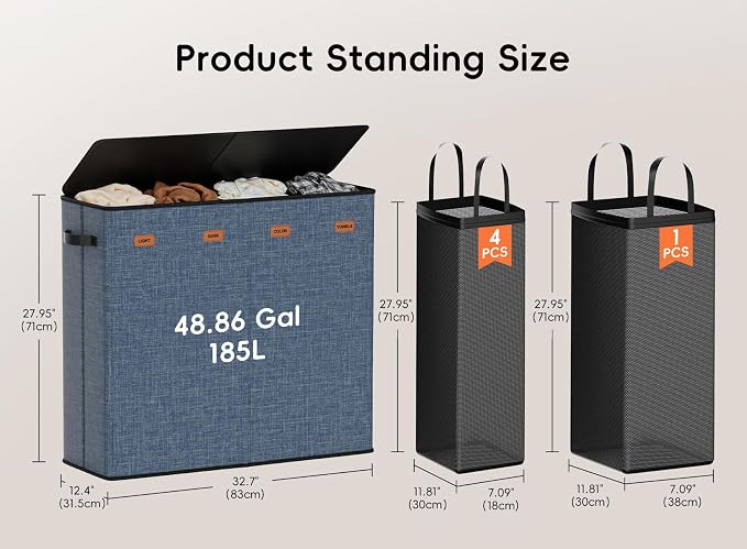 Laundry Hamper 4-Section with Lid, 185L Laundry Sorter with 4 Removable Bags + - Image 6