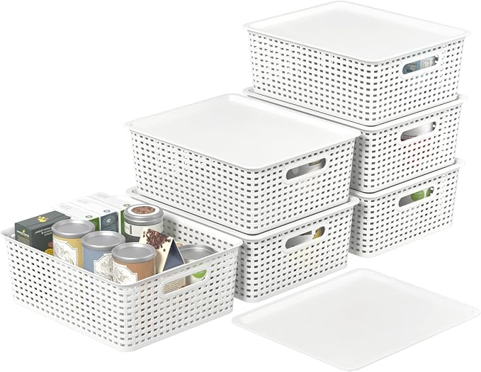 6 Pack Stackable Lidded Storage Baskets, Plastic Woven Baskets - Image 7