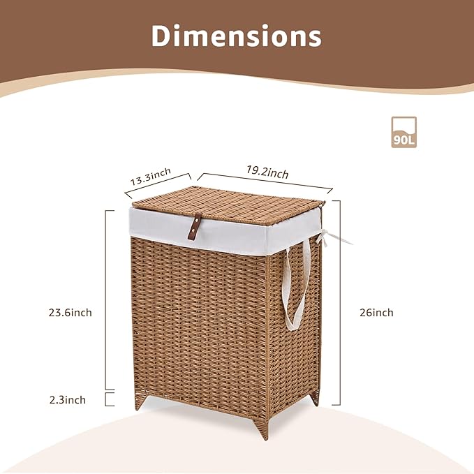 Laundry Hamper with Lid and Removable Liner Bag, Handwoven Rattan Clothes - Image 7