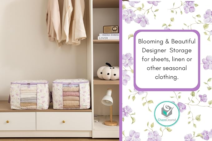 Designer Canvas Clothing Storage Bags 2 Pack Purple Floral Clothes Organizer - Image 9