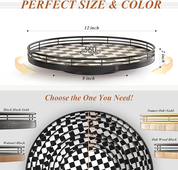 Black and White Kitchen Lazy Susan Turntable – Round Checkered Decorative Tray - Image 6