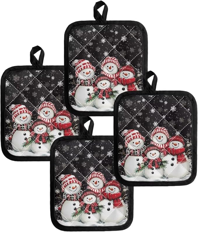 Christmas Cute Snowman Family Snowflakes Print Black Pot Holders Heat Resistant - Image 4