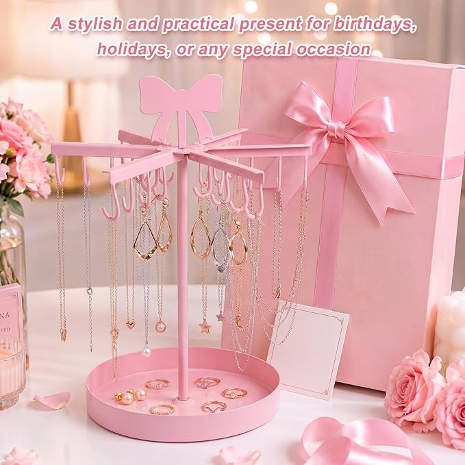 Sliner Pink Bow Rotating Necklace Holder, Metal Jewelry Display Stand Pink - Image 6