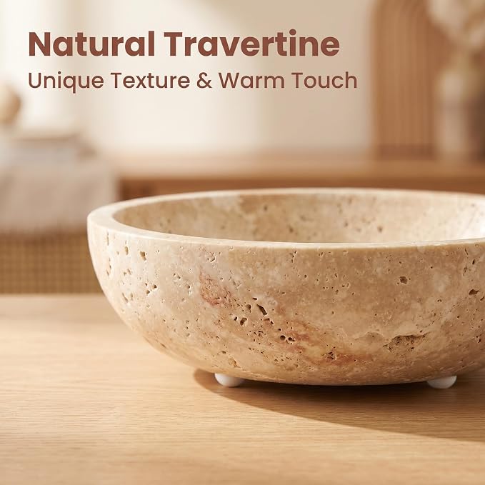 Large 7.87" Natural Travertine Stone Decorative Bowl, Coffee Table Centerpiece - Image 9