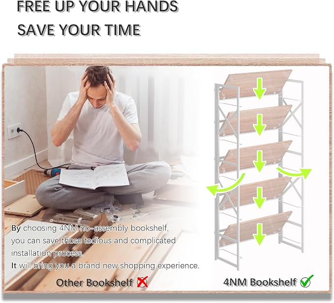 4NM 5 Tiers No Assembly Book Shelves, 51.2" H Folding Bookshelf Bookcase Open - Image 7