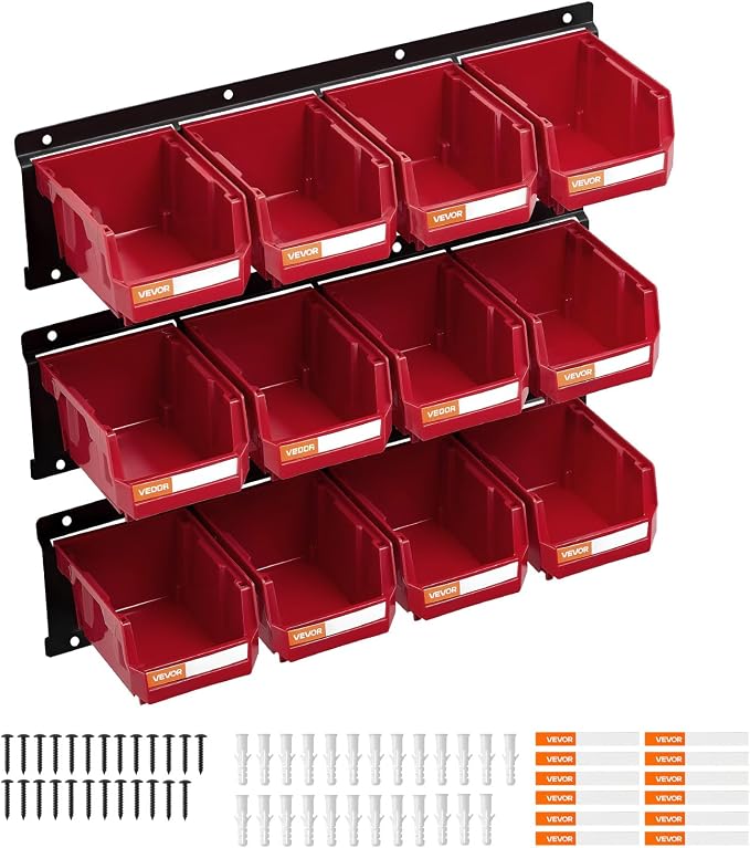 VEVOR Wall Mounted Storage Bins, 12 Plastic Bins & 3 Metal Rails, Plastic - Image 9