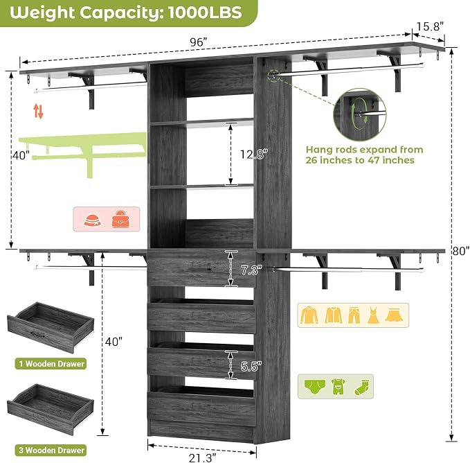 Aheaplus Closet System with 4 Drawers, 8FT Wood Closet Organizer System - Image 7