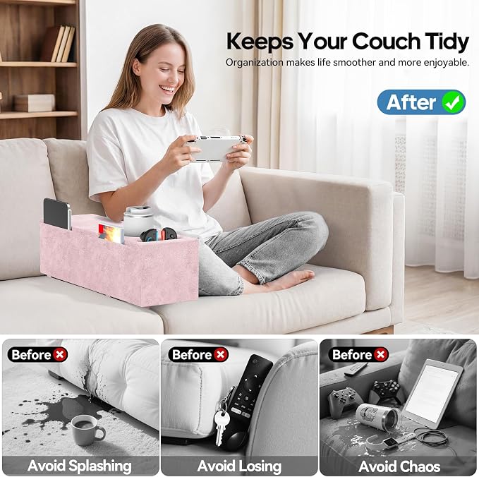 Sofa Armrest Couch Caddy with Cup Holder, Removable Couch Armrest Table Pillow - Image 6