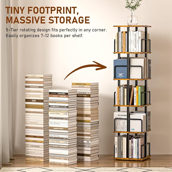5-Tier Rotating Bookshelf, 360° Spinning Corner Bookcase - Image 8