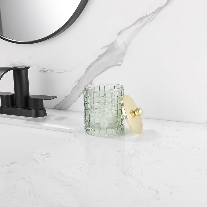 Sage Colored Tranlucent Apothecary Etched Geometric Grid Glass Jar W/Gold Metal - Image 9