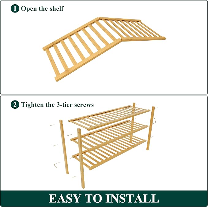 Smiry Bamboo Shoe Rack for Closet, 3 Tier Long Wooden Stackable Shoe Organizer - Image 6