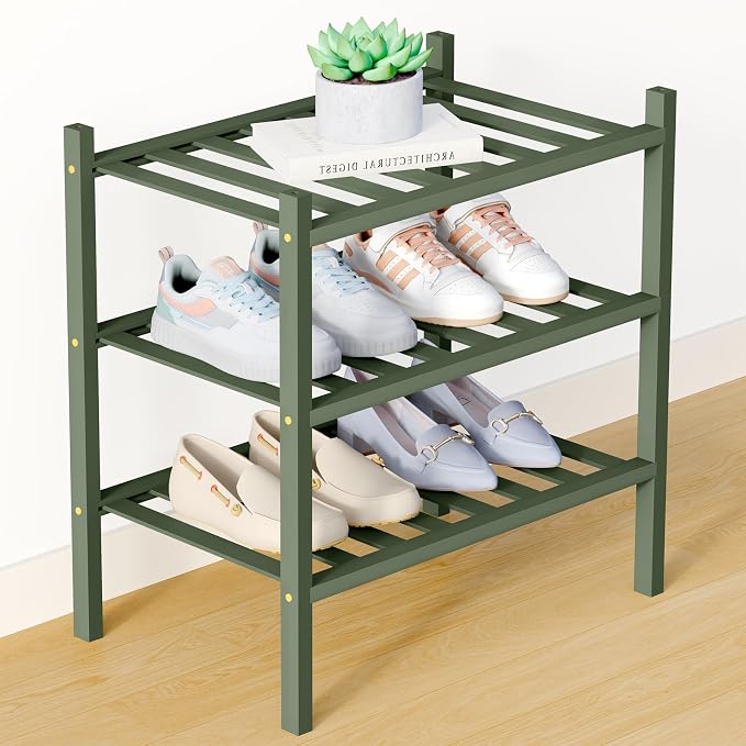 Smiry Bamboo Shoe Rack for Closet, 3 Tier Small Wooden Stackable Shoe Organizer by Smiry