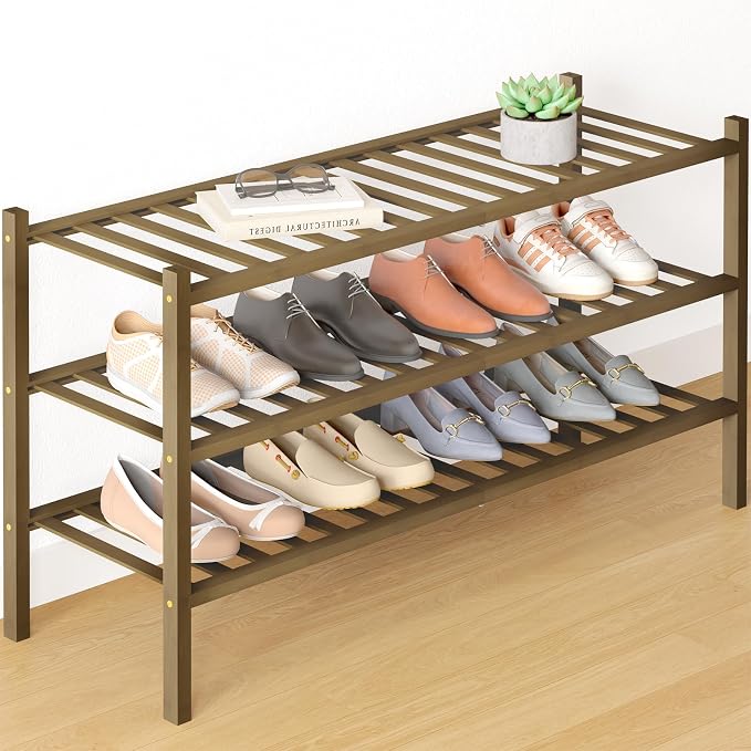 Smiry Bamboo Shoe Rack for Closet, 3 Tier Long Wooden Stackable Shoe Organizer by Smiry