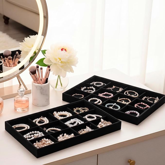 Cinnvoice 4 Pcs Stackable Jewelry Organizer Tray, 12 Grids Velvet Bracelet Ring - Image 6