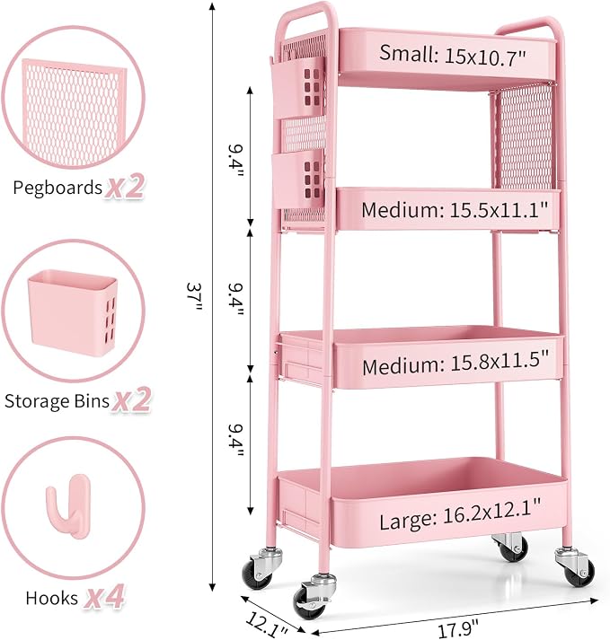 TOOLF 4 Tier Rolling Cart with Pegboard, Metal Storage Organizer Cart with - Image 9