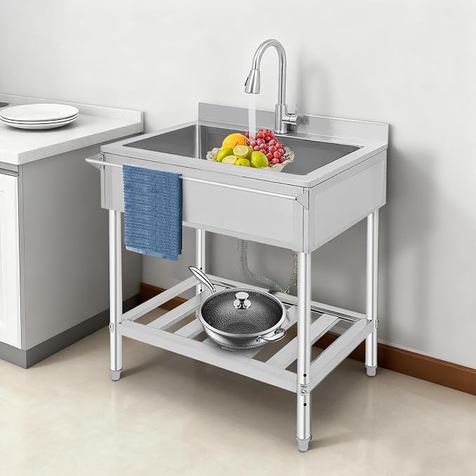 Stainless Steel Utility Sink, Free Standing Single Bowl Kitchen Sink - Image 8