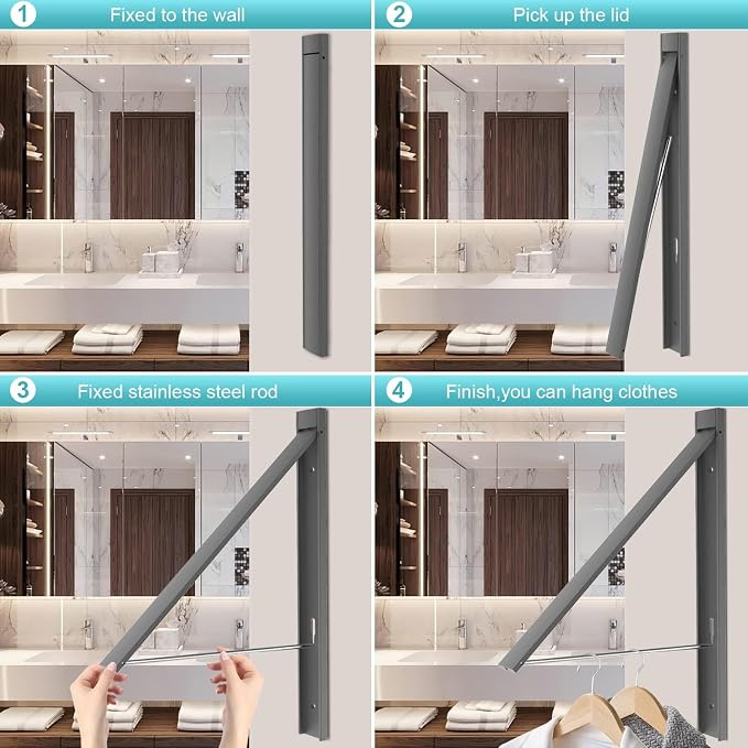 No Drill Wall Mounted Drying Rack 65 lb Aluminum, Fold away wall mount saves - Image 9