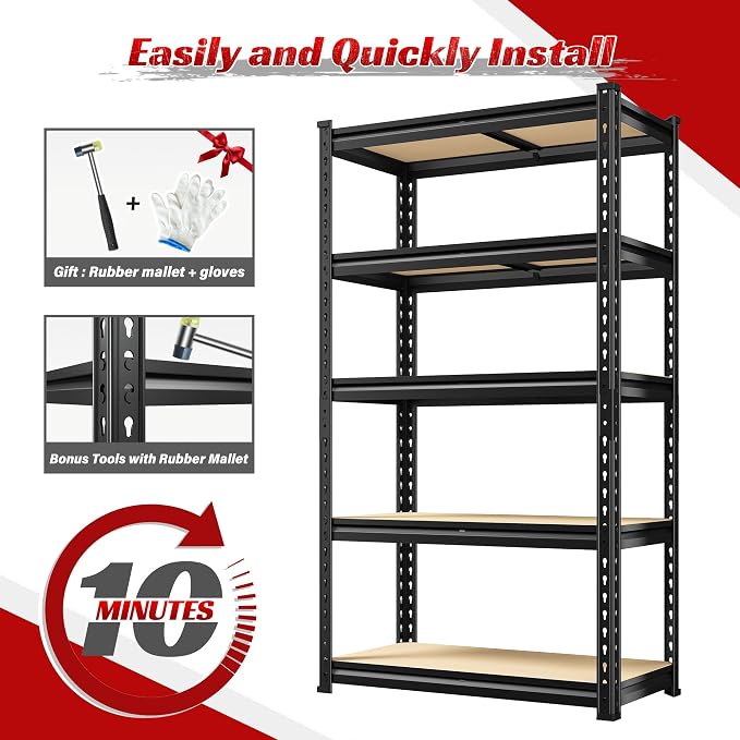 REIBII Set of 2 Storage Shelves 5 Tier Garage Shelving Heavy Duty Metal - Image 9
