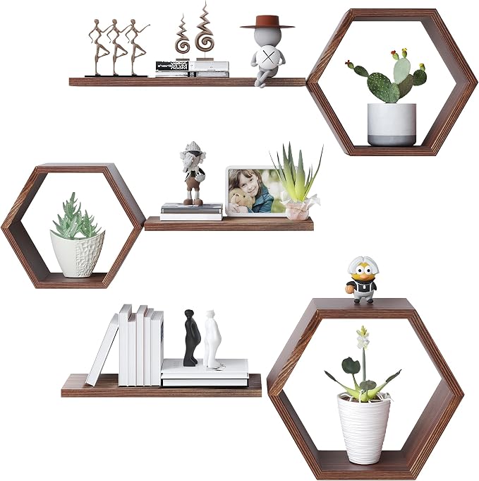 Wooden Hexagon Floating Shelves Wall Mounted, Rustic Honeycomb Shelves - Image 9