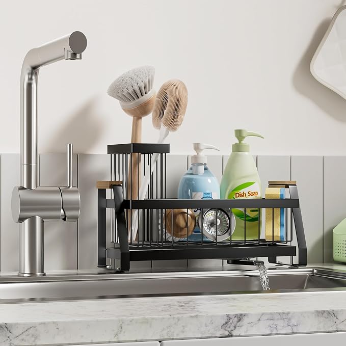 Sink Caddy Organizer with Wooden Handle & Self-Draining Tray, Trapezoid Kitchen - Image 7