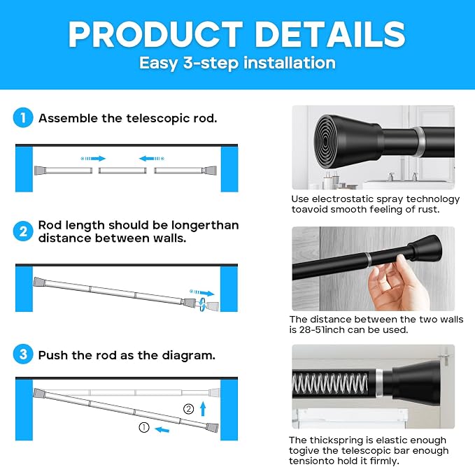 AIZESI Black Spring Tension Curtain Rods 28 to 48 Inch, Adjustable Curtain Rods - Image 7
