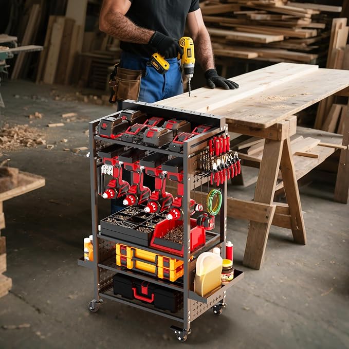 Power Tool Organizer Cart with 8 Charger Ports & Adjustable Storage, Garage - Image 8