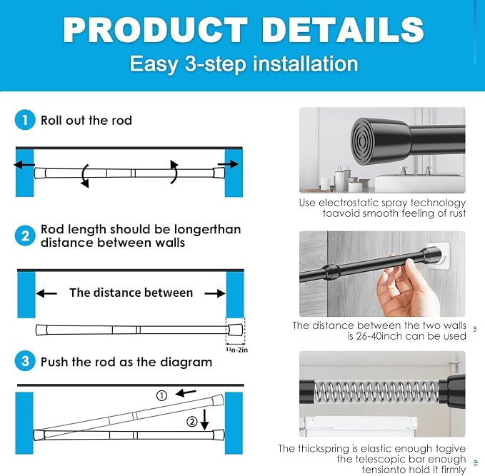 MEXAU 2Pack Spring Tension Curtain Rod 26-39 inch Black Small Tension Rod | - Image 6
