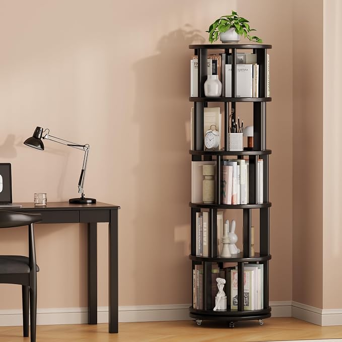 Solid Wood Rotating Bookshelf on Wheels, 5 Tier, Round Revolving Bookcase - Image 9