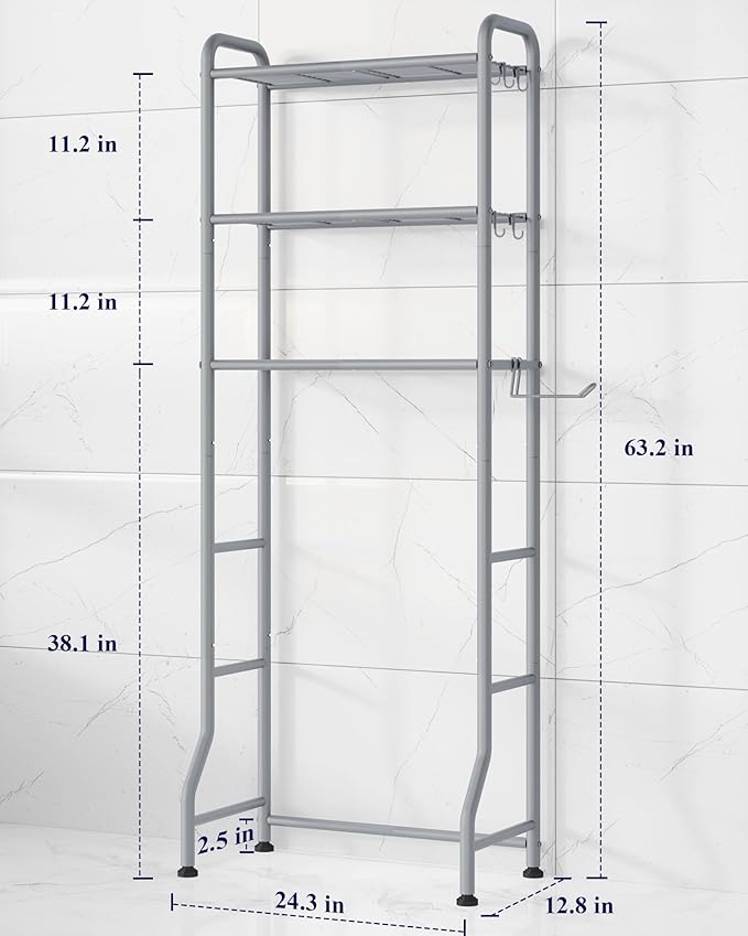 Kitsure Over Toilet Storage Rack, 63.2" H Space-Saving, Holder & Hooks | - Image 2