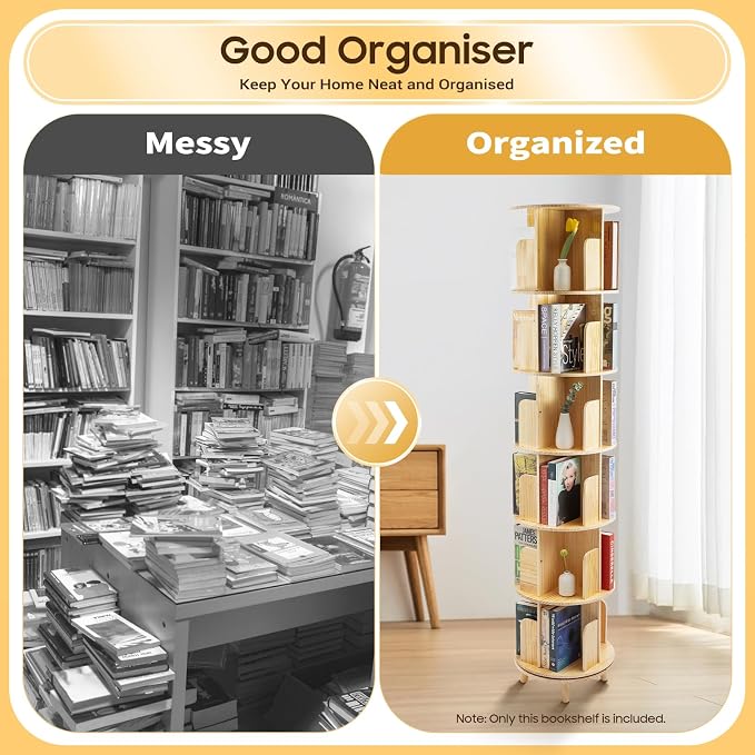 Rotating Bookshelf, 6-Tier Pine Wood Bookcase, Freestanding Bookcase Books - Image 9