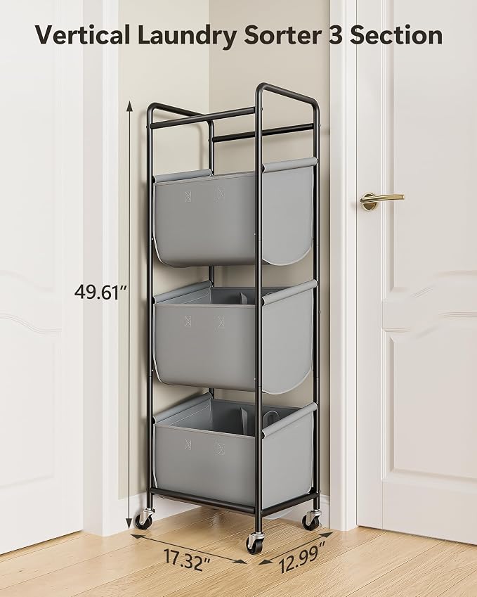 3 Section Laundry Sorter with Removable Bags, 120L Rolling Vertical Laundry - Image 8